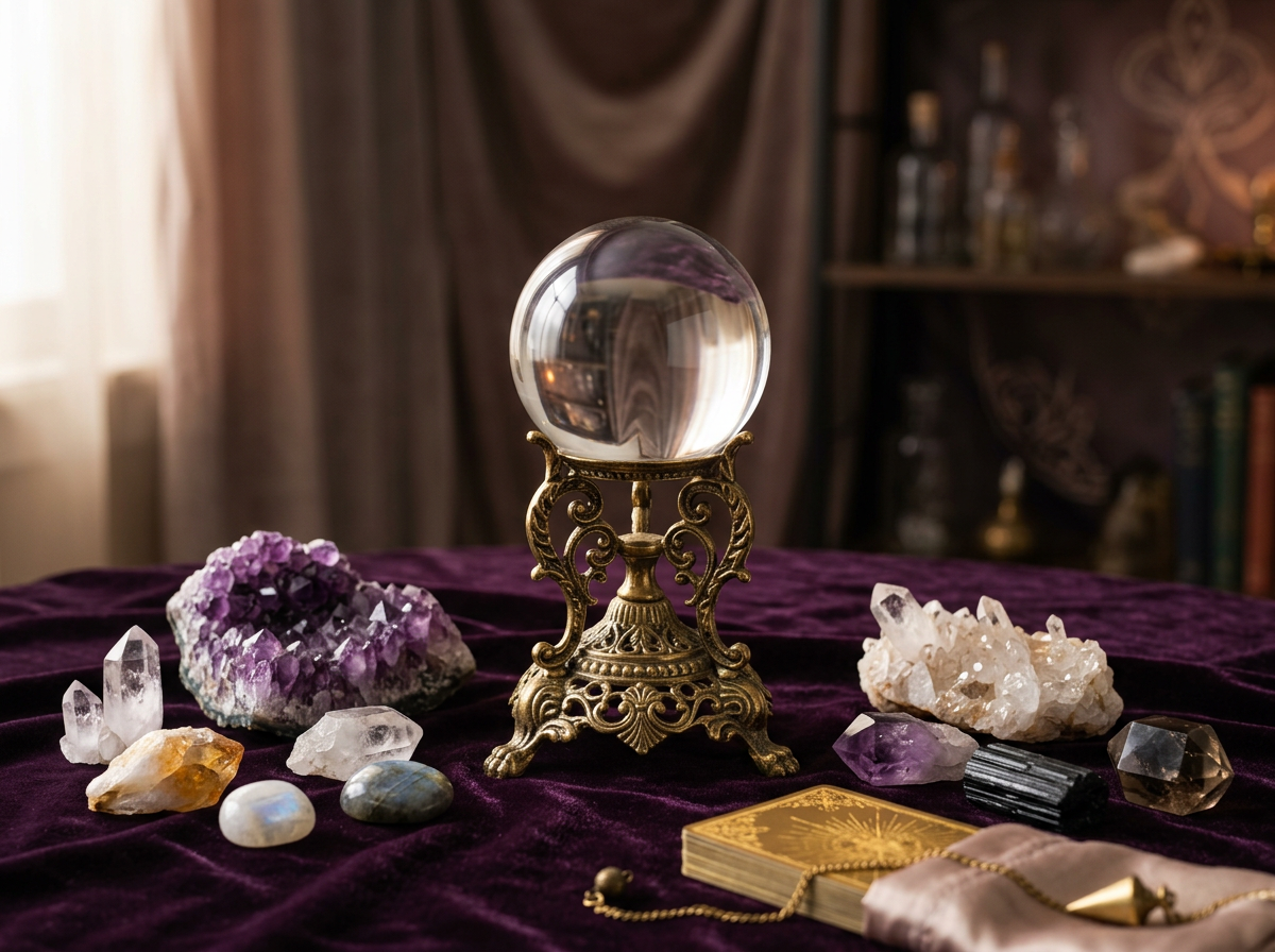 Amethyst, quartz and altar crystals on Anya's studio table