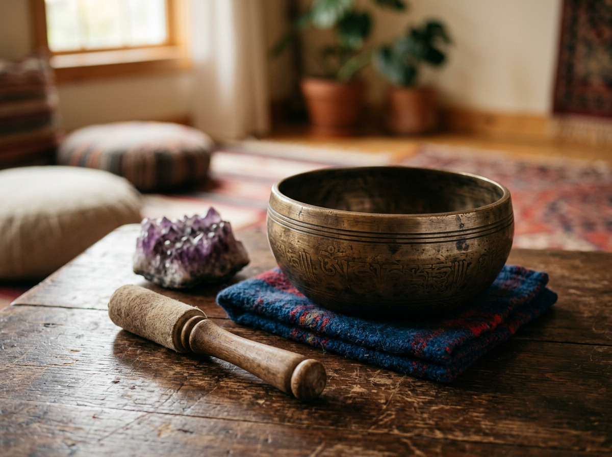 Singing bowl and striker arranged on a rustic wooden table