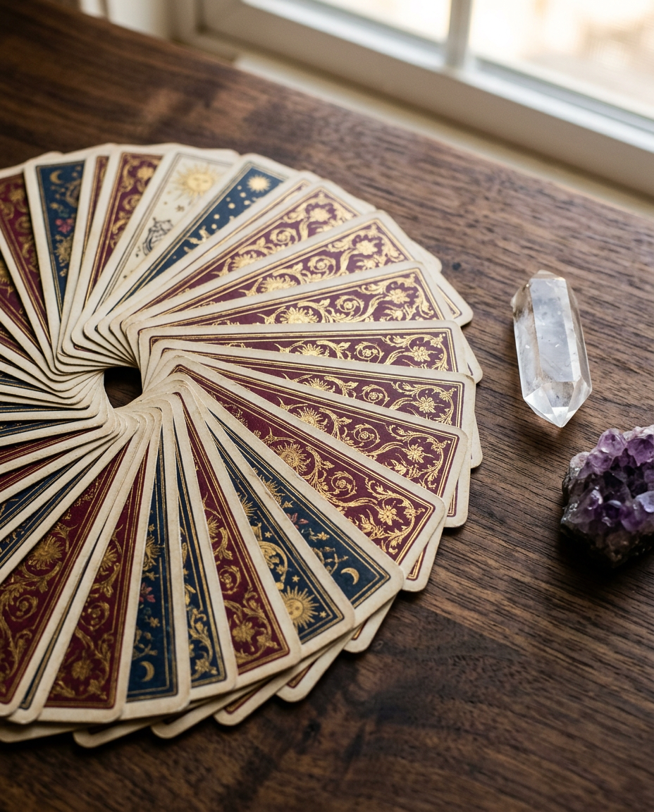 Vintage tarot deck fanned beside clear quartz and amethyst crystals