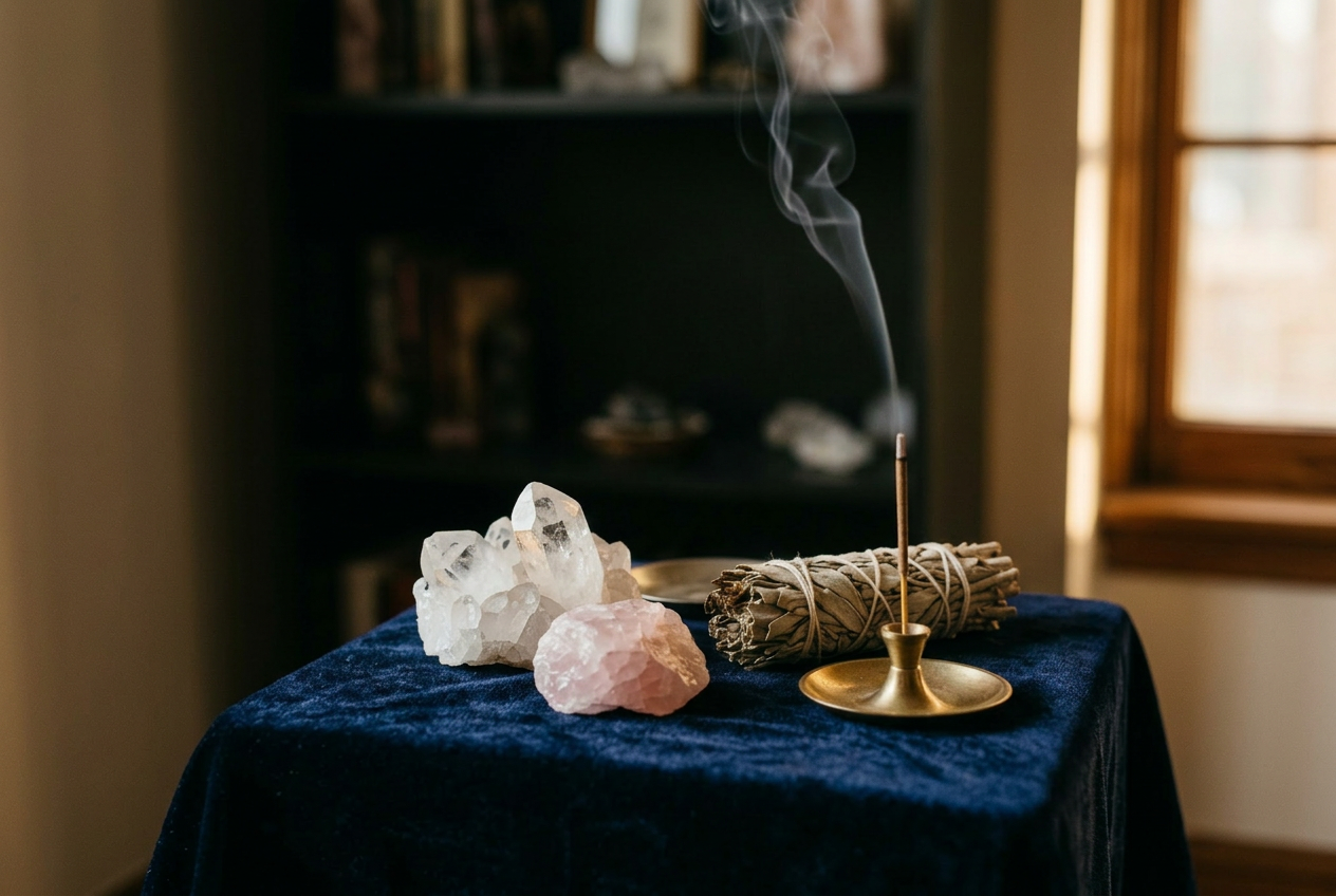 Energy healing altar with crystals, sage bundle and ritual tools