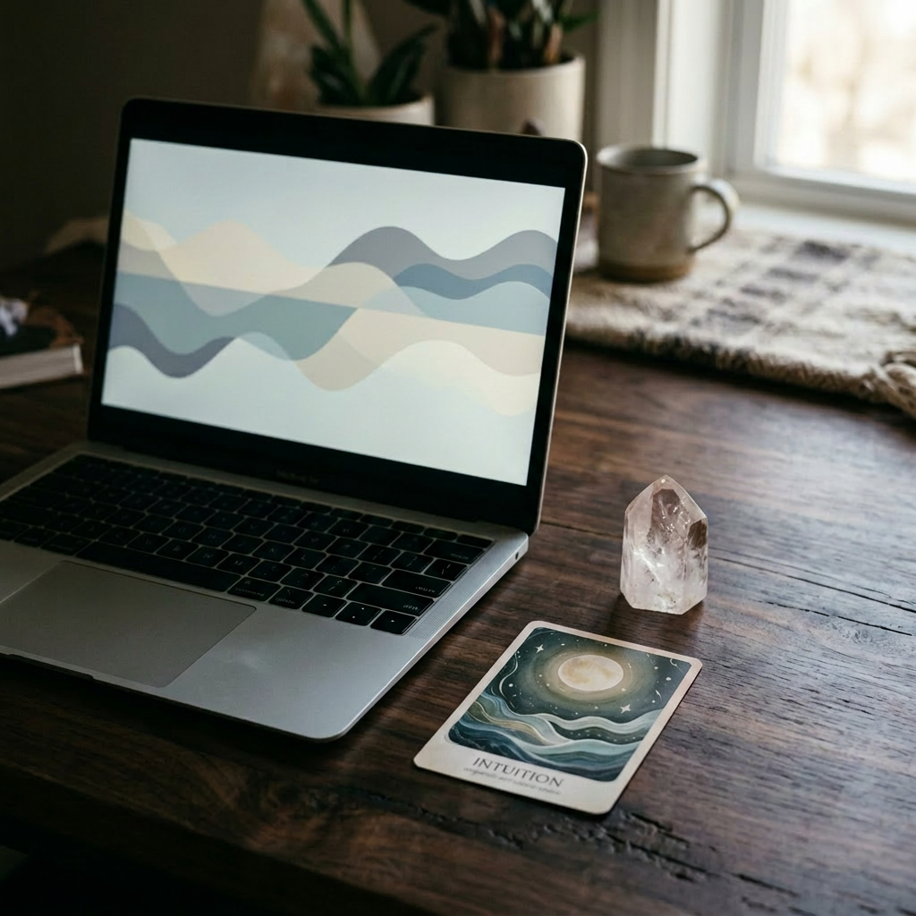 Laptop set up for a virtual psychic reading with tarot card and crystal